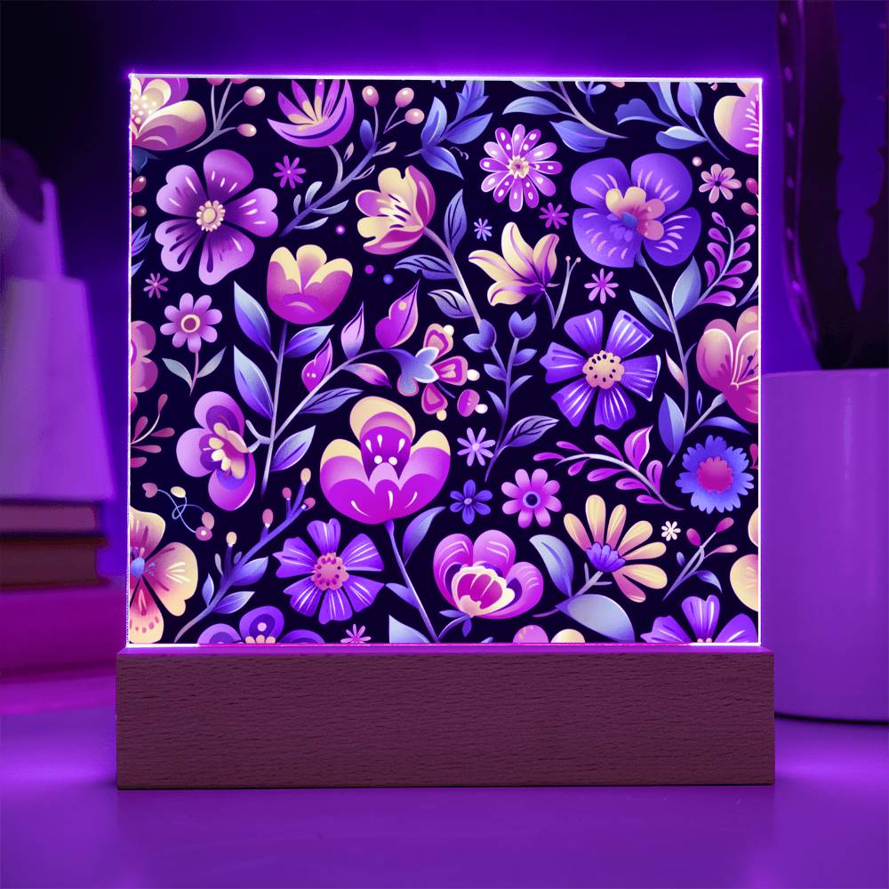 Mexican Floral Fiesta Pattern 065 - Square Acrylic Plaque With LED Base