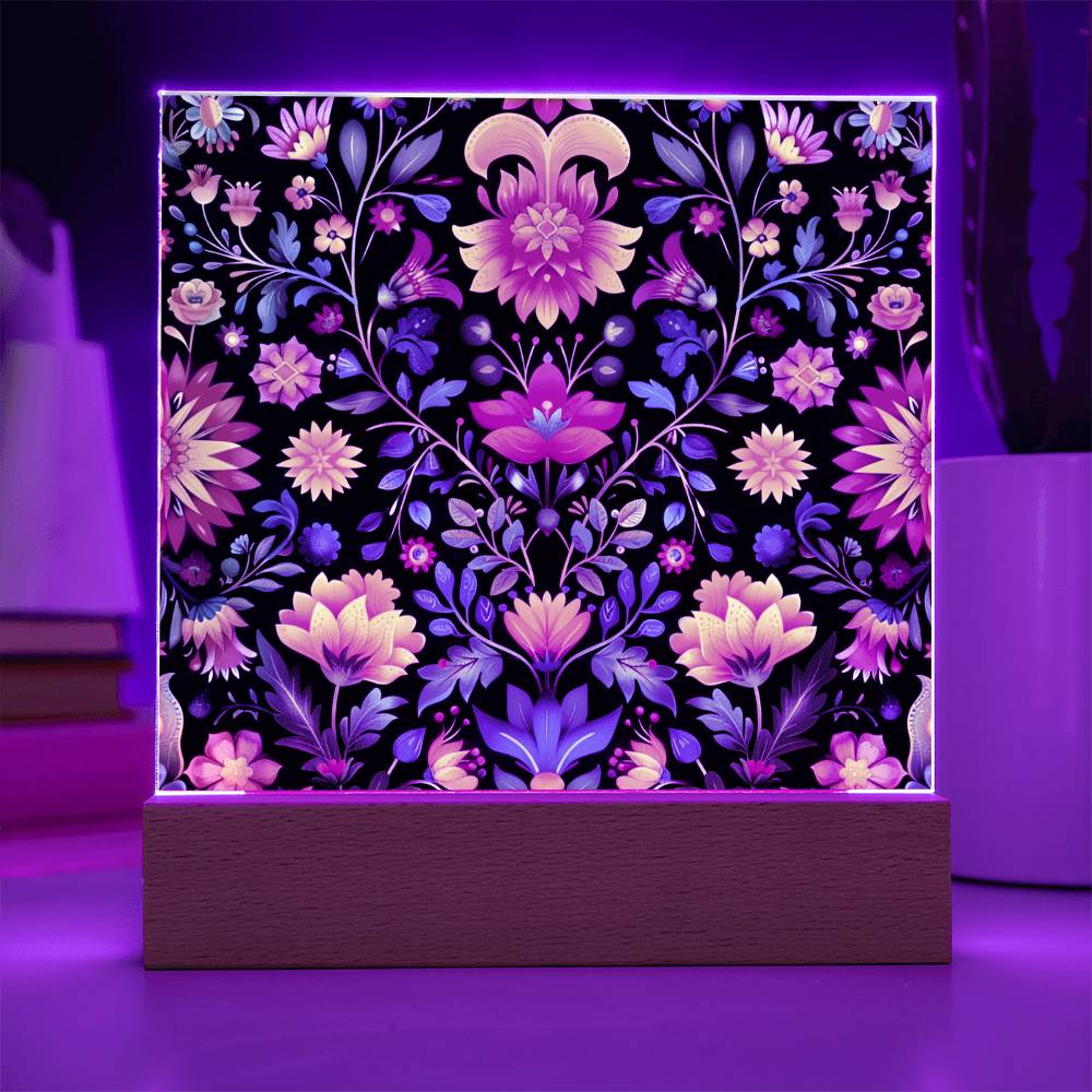 Mexican Floral Fiesta Pattern 063 - Square Acrylic Plaque With LED Base