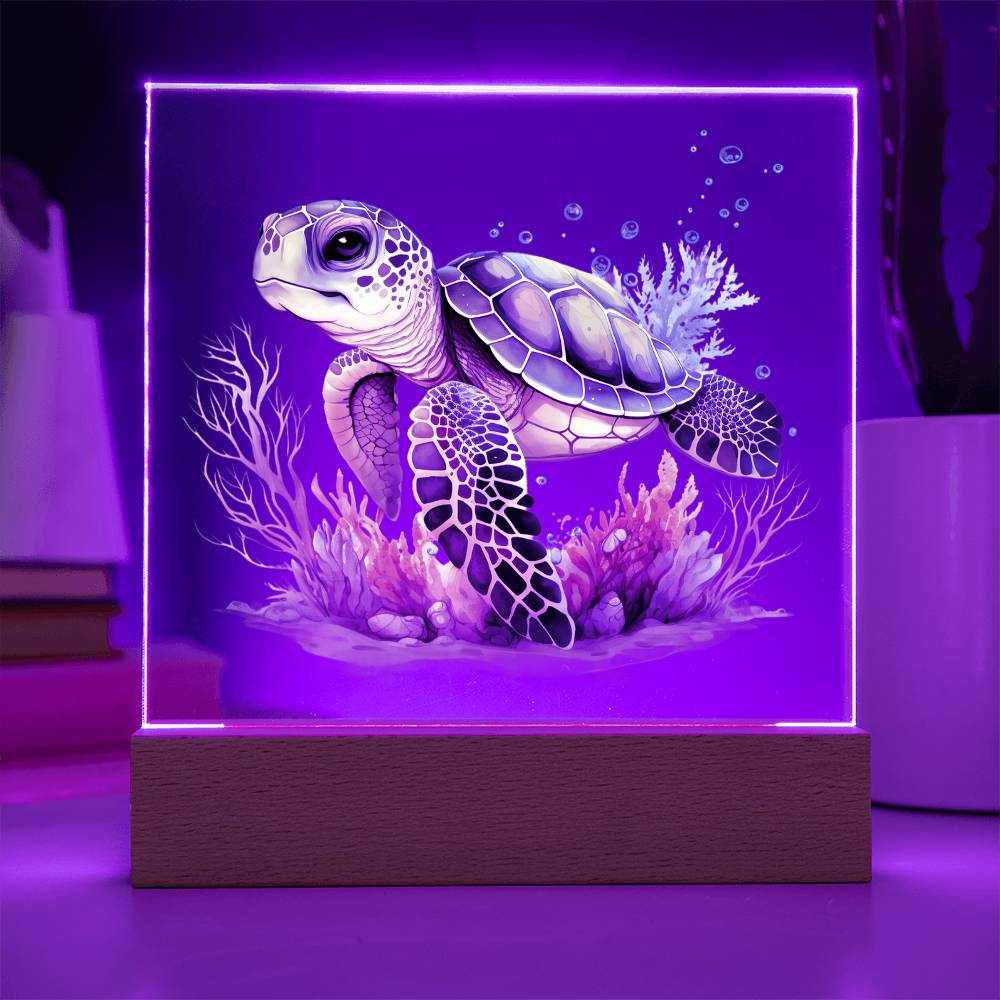 Cute Sea Turtle 013 - Square Acrylic Plaque With LED Base