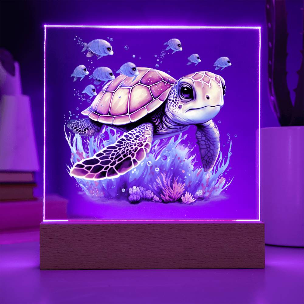 Cute Sea Turtle 001 - Square Acrylic Plaque With LED Base