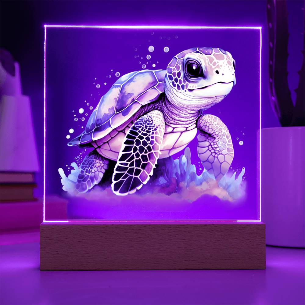 Cute Sea Turtle 014 - Square Acrylic Plaque With LED Base
