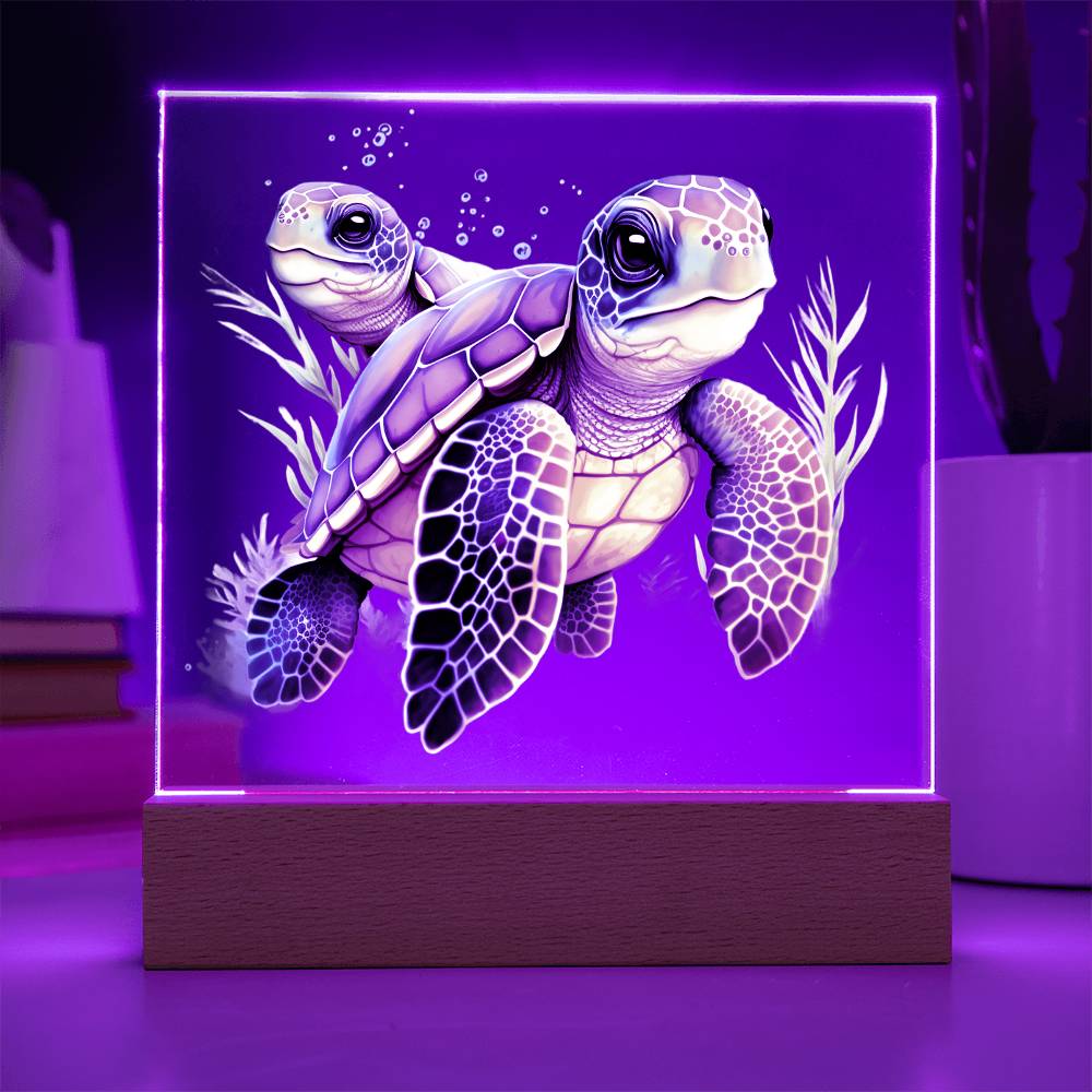 Cute Sea Turtle 010 - Square Acrylic Plaque With LED Base