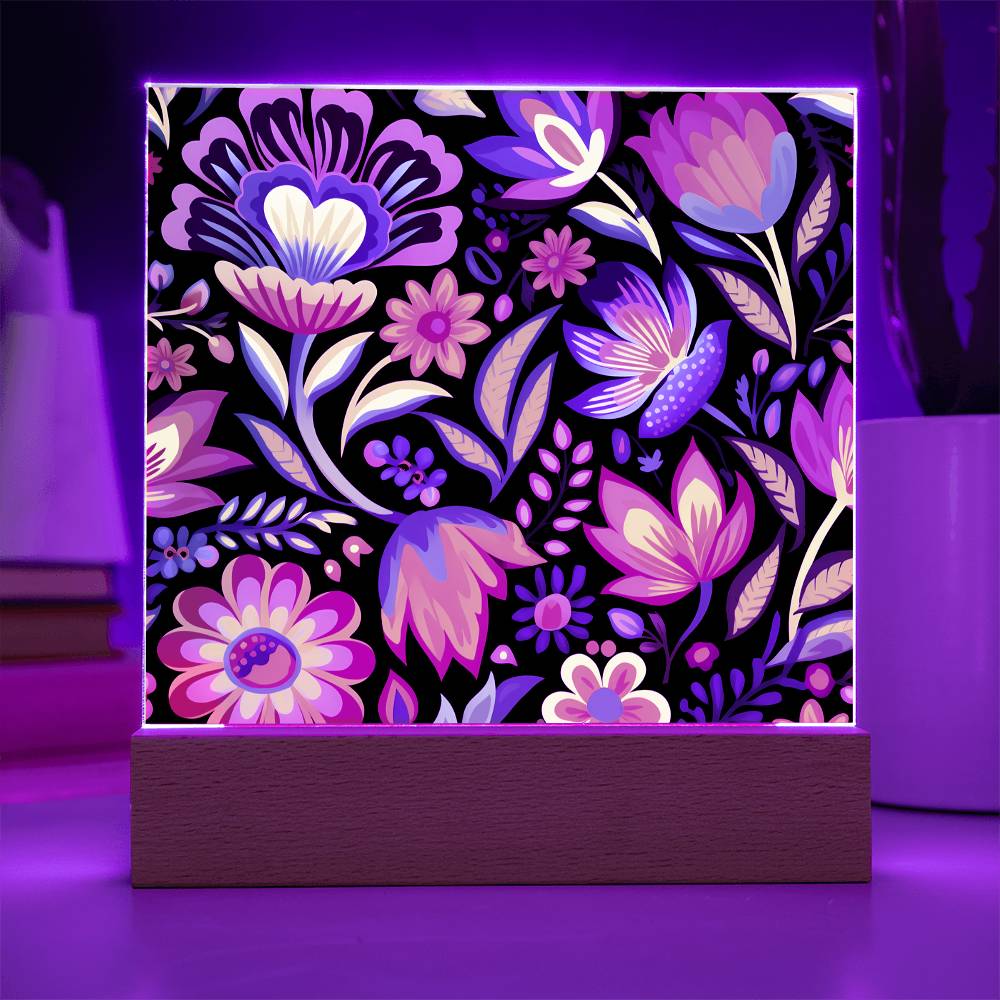 Mexican Floral Fiesta Pattern 052 - Square Acrylic Plaque With LED Base
