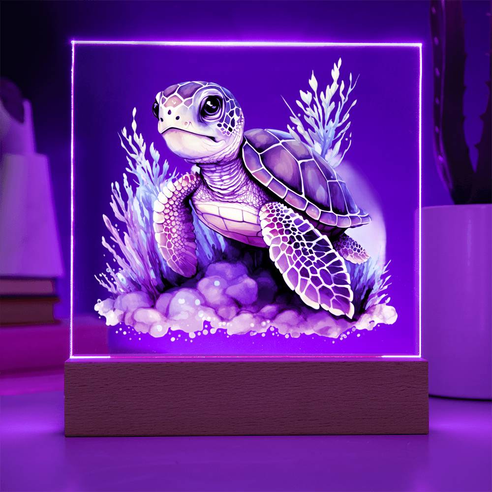 Cute Sea Turtle 015 - Square Acrylic Plaque With LED Base