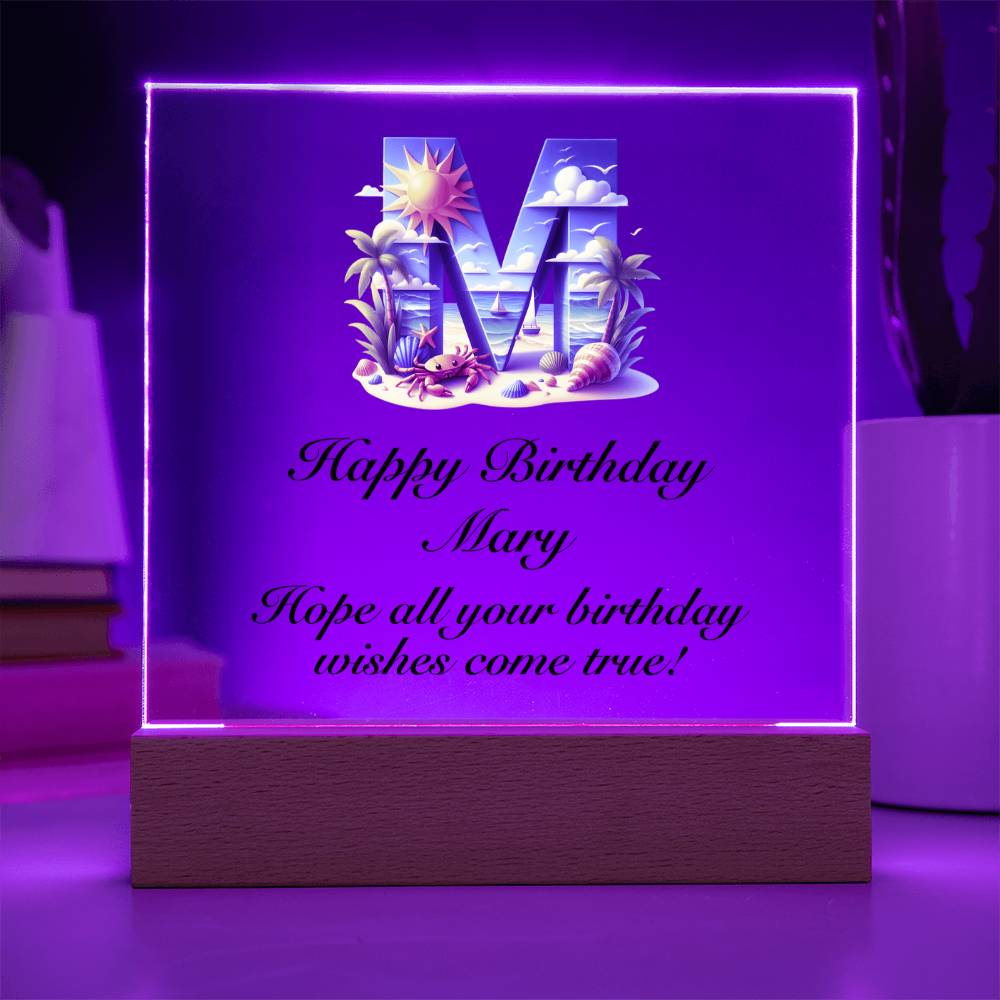 Happy Birthday Mary (Summer Beach) - Square Acrylic Plaque With LED Base
