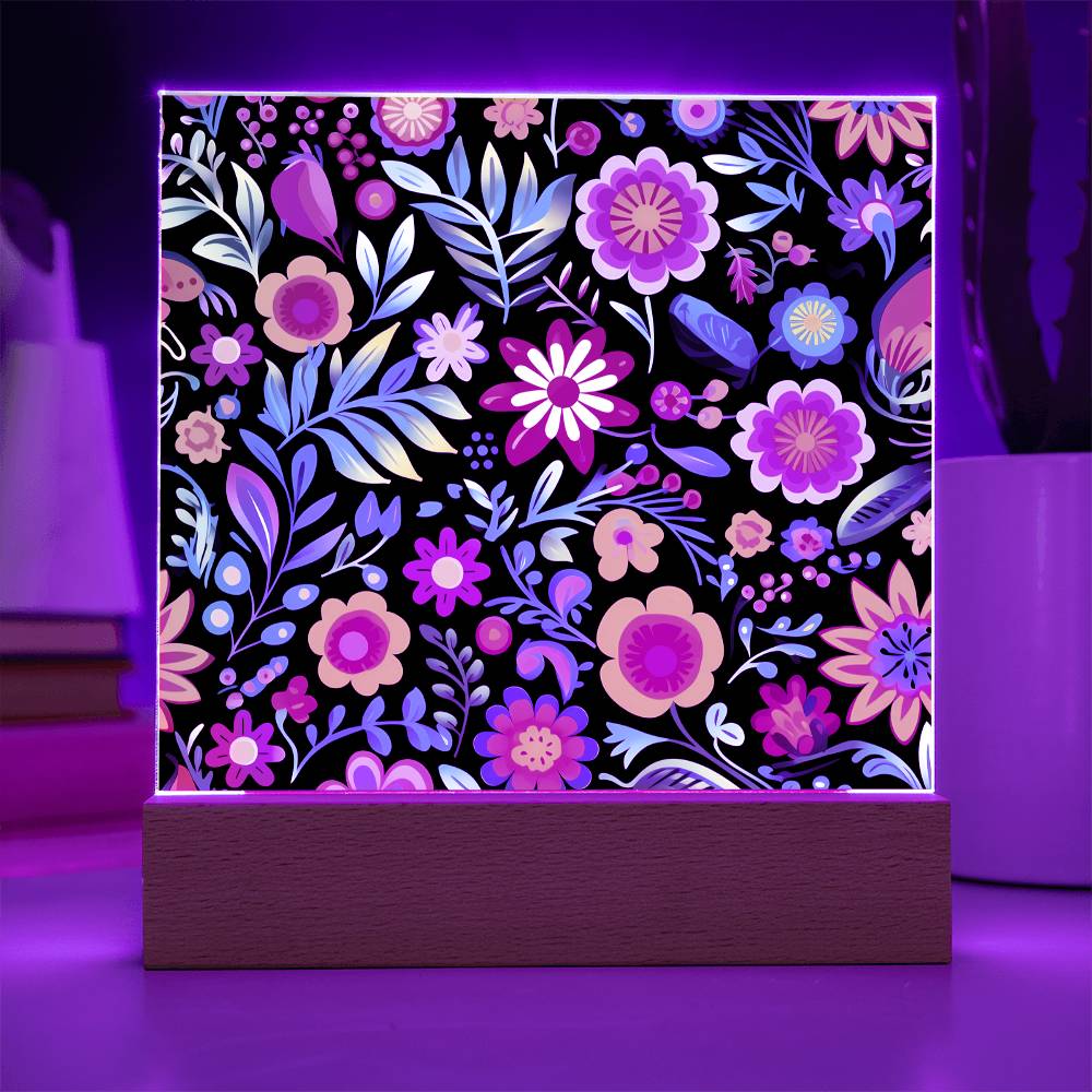 Mexican Floral Fiesta Pattern 060 - Square Acrylic Plaque With LED Base