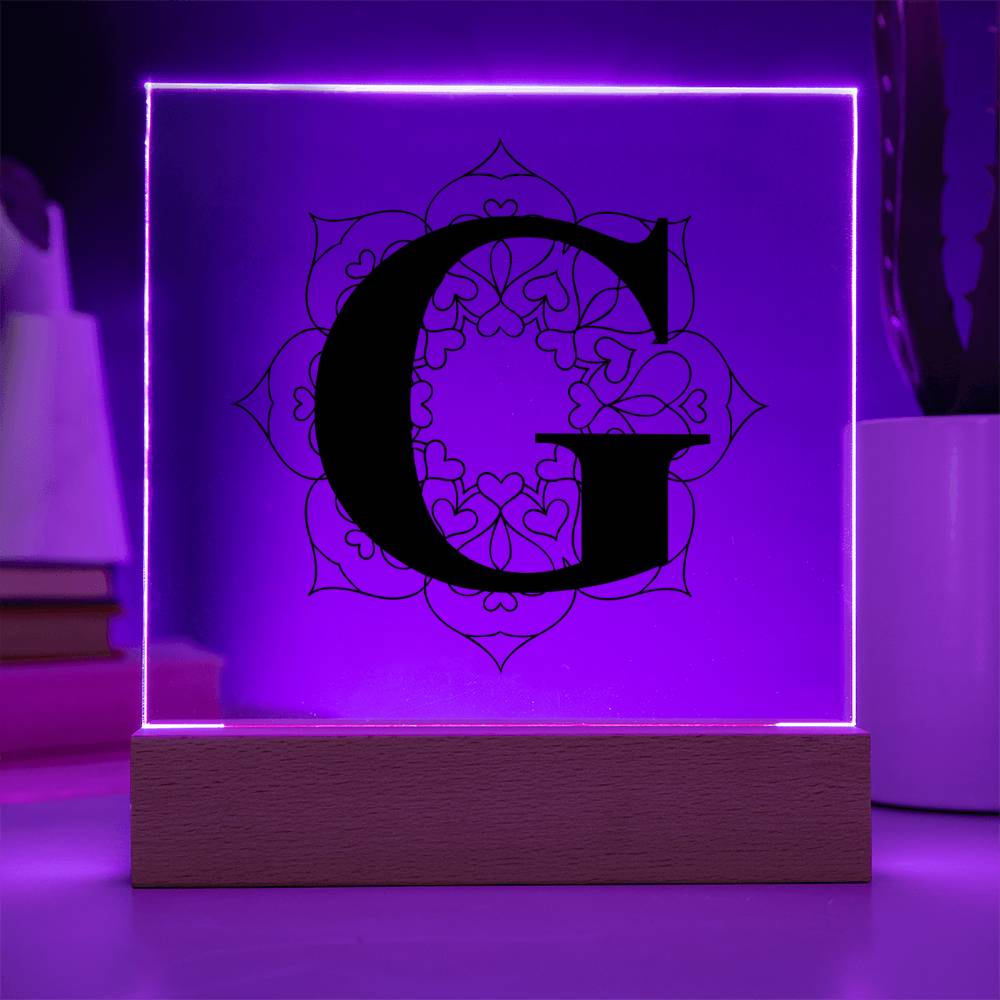 Magnolia Mandala Alphabet Letter G - Square Acrylic Plaque With LED Base