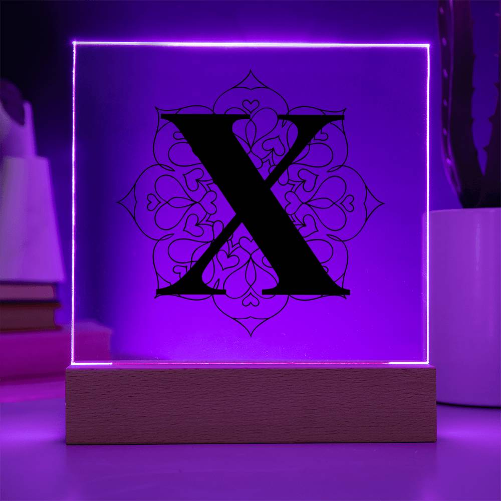 Magnolia Mandala Alphabet Letter X - Square Acrylic Plaque With LED Base