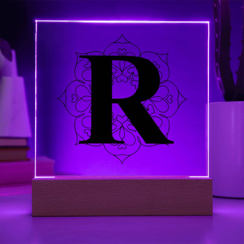 Magnolia Mandala Alphabet Letter R - Square Acrylic Plaque With LED Base