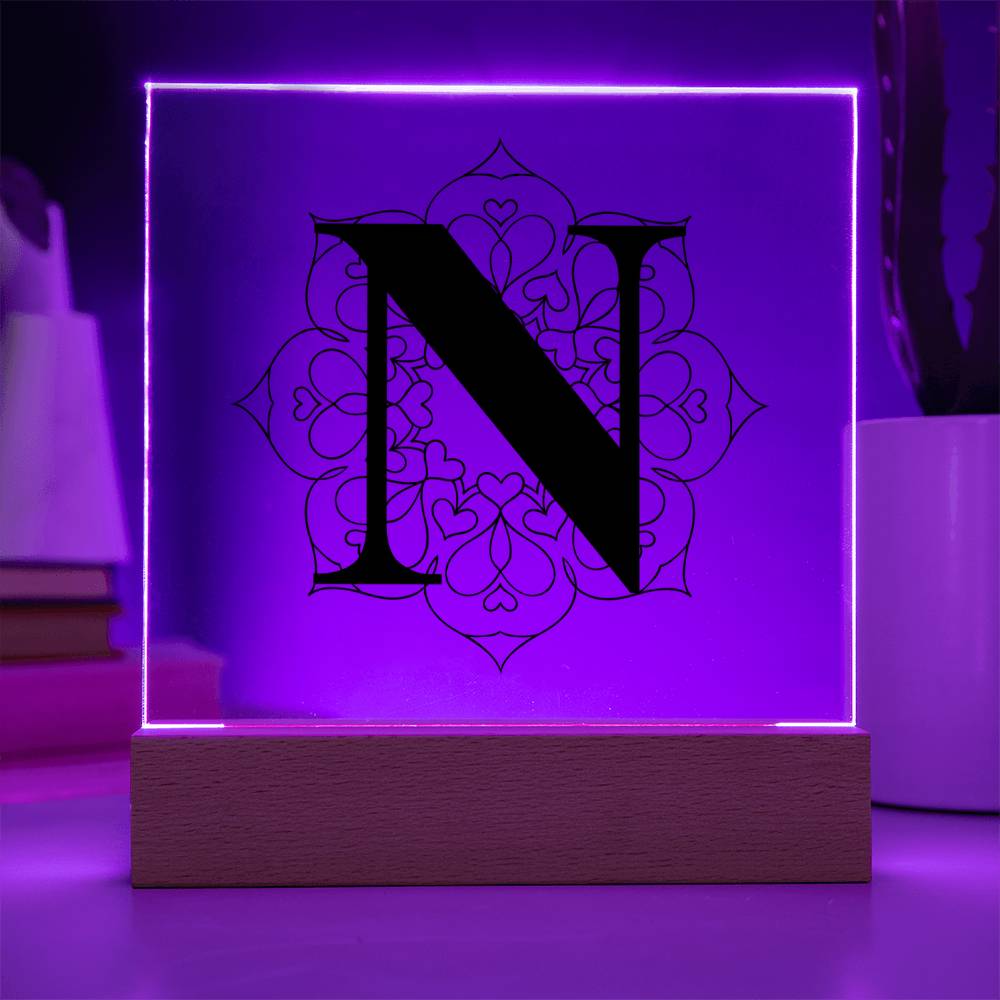 Magnolia Mandala Alphabet Letter N - Square Acrylic Plaque With LED Base