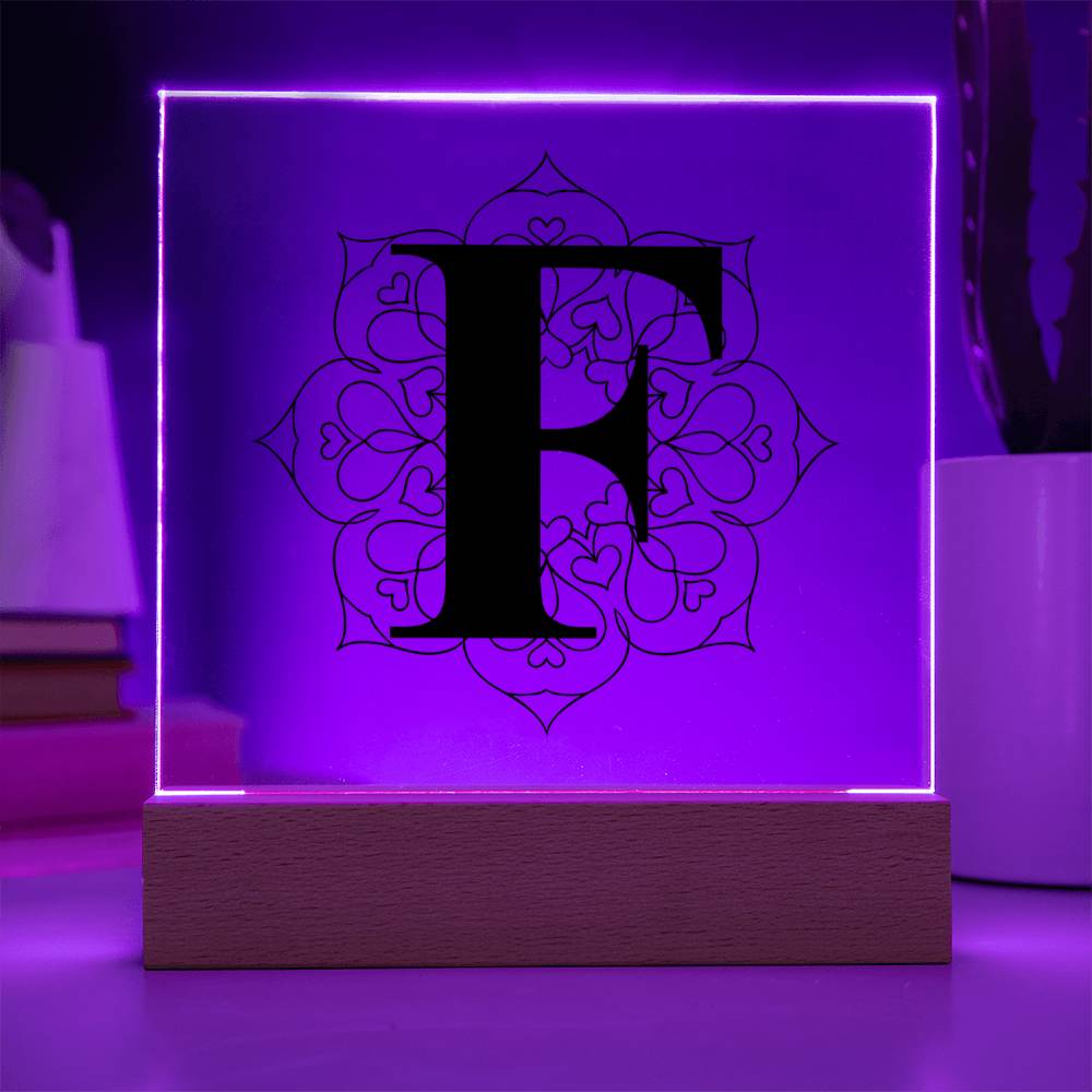 Magnolia Mandala Alphabet Letter F - Square Acrylic Plaque With LED Base