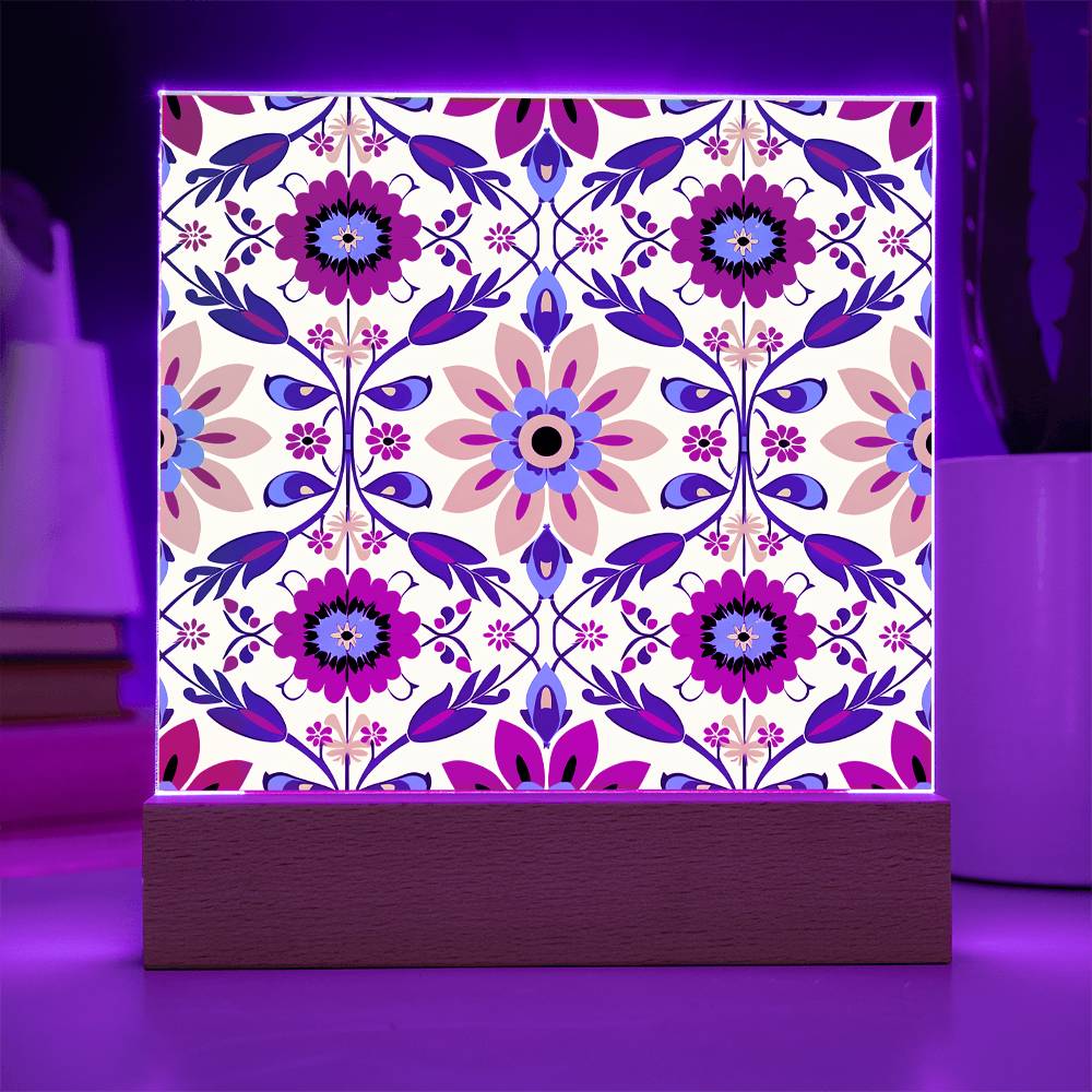 Mexican Floral Fiesta Pattern 041 - Square Acrylic Plaque With LED Base