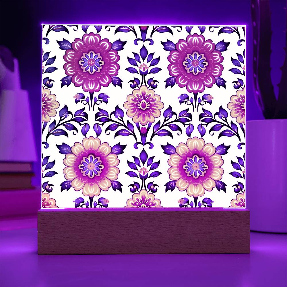 Mexican Floral Fiesta Pattern 044 - Square Acrylic Plaque With LED Base