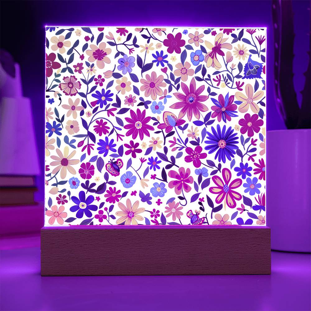 Mexican Floral Fiesta Pattern 009 - Square Acrylic Plaque With LED Base