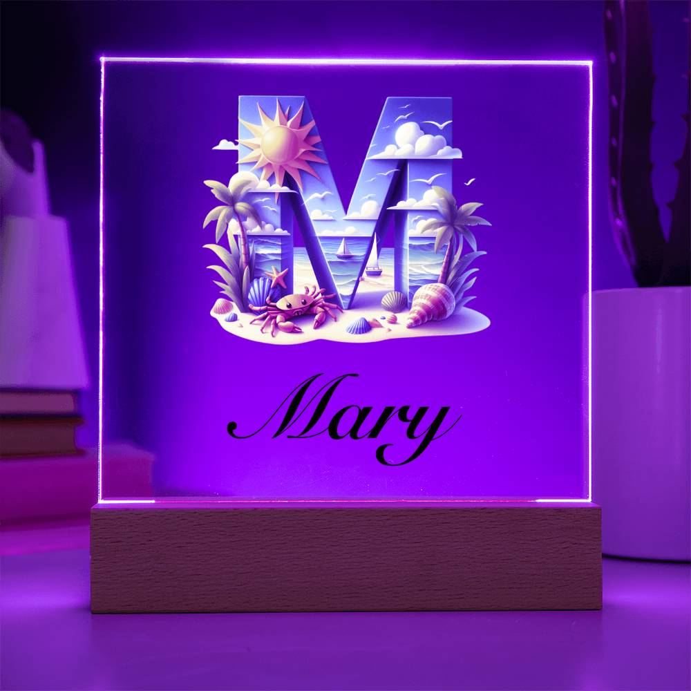Mary (Summer Beach) - Square Acrylic Plaque With LED Base