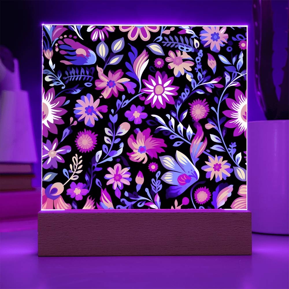 Mexican Floral Fiesta Pattern 053 - Square Acrylic Plaque With LED Base