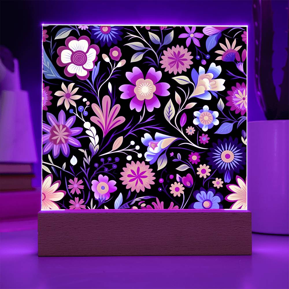 Mexican Floral Fiesta Pattern 028 - Square Acrylic Plaque With LED Base