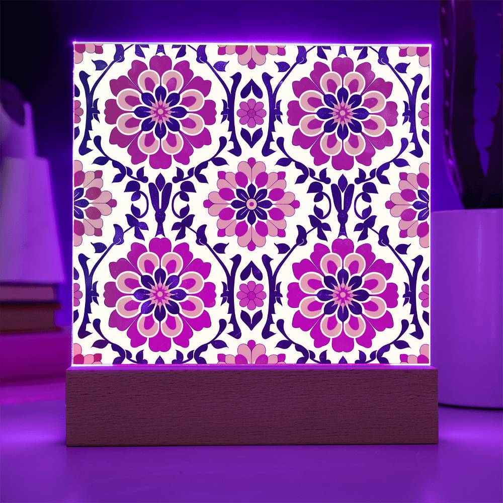 Mexican Floral Fiesta Pattern 047 - Square Acrylic Plaque With LED Base