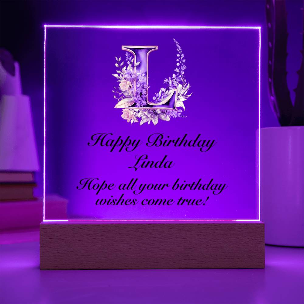 Happy Birthday Linda (Lavender Flowers) - Square Acrylic Plaque With LED Base