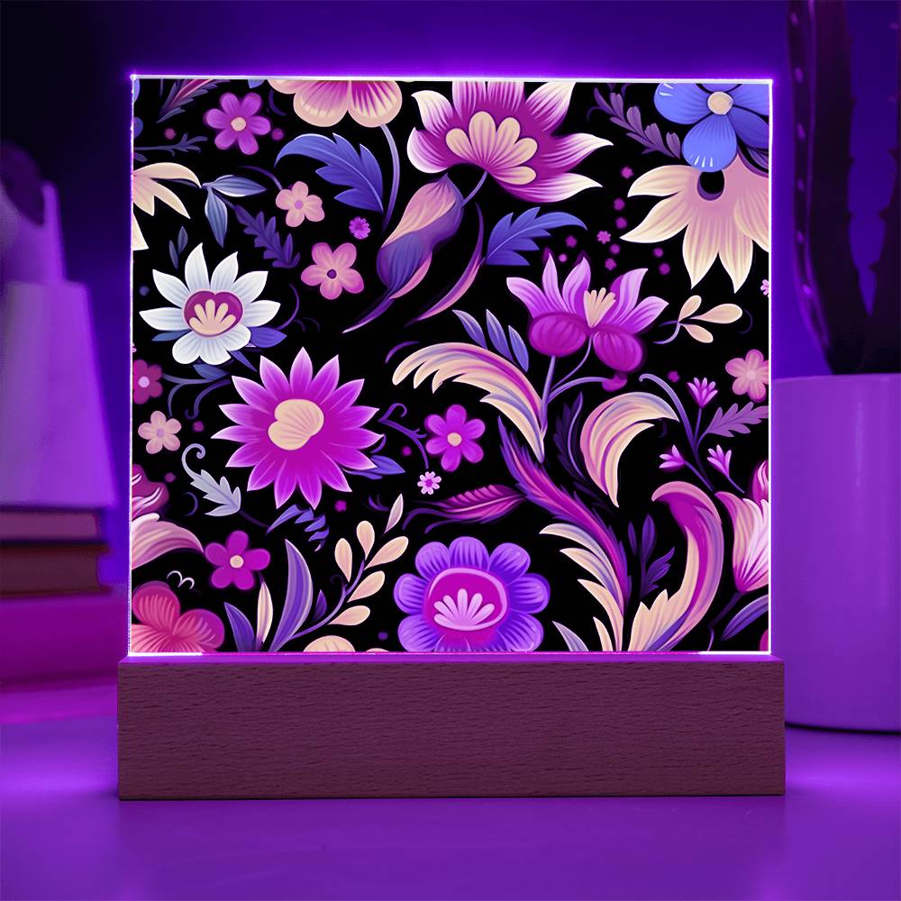 Mexican Floral Fiesta Pattern 033 - Square Acrylic Plaque With LED Base