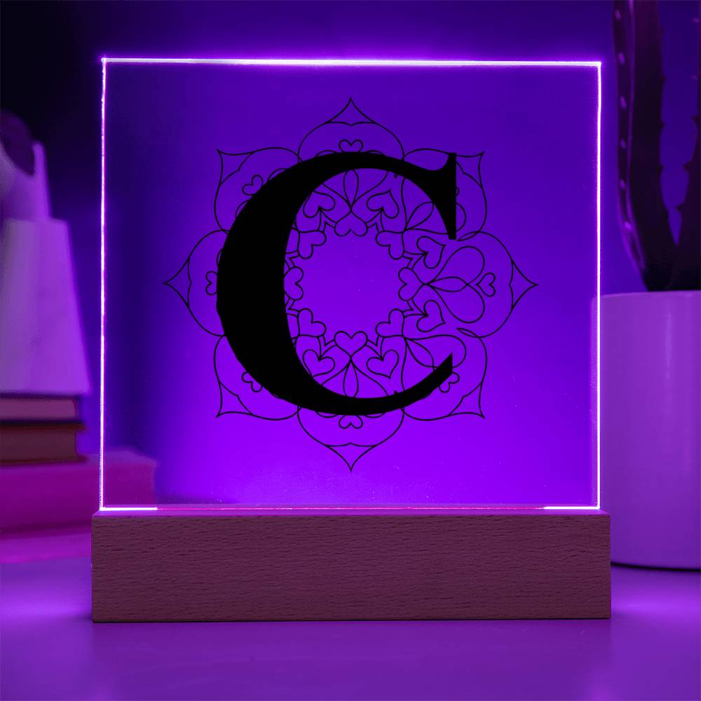 Magnolia Mandala Alphabet Letter C - Square Acrylic Plaque With LED Base