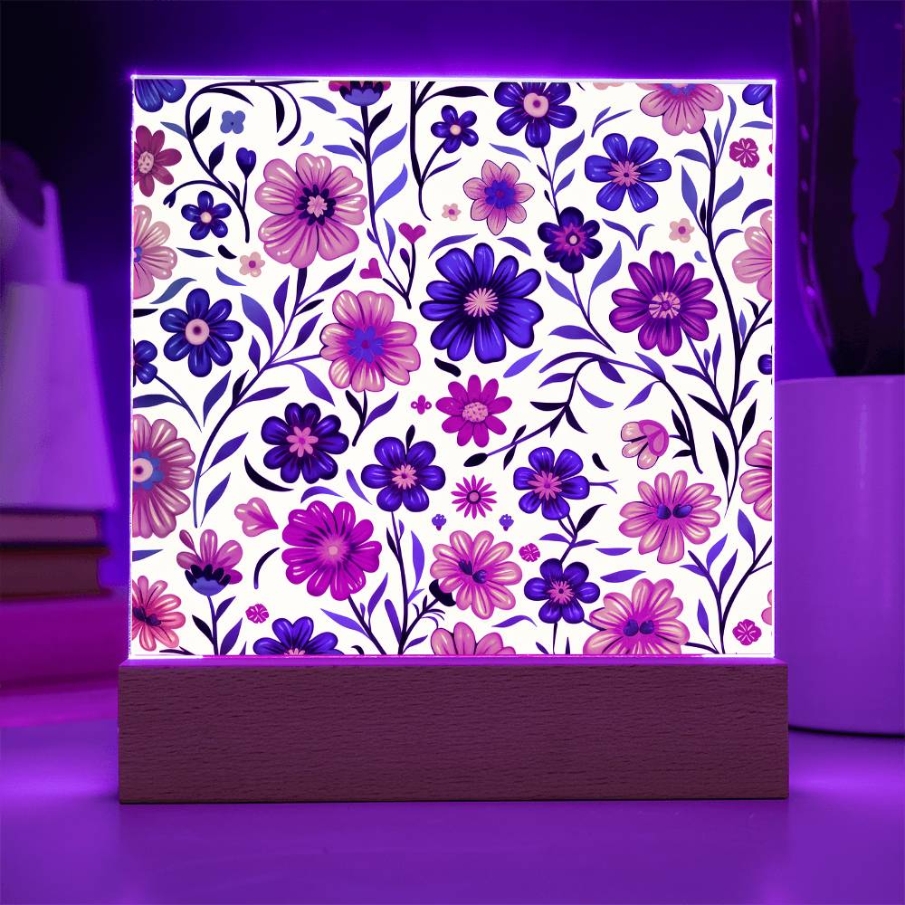 Mexican Floral Fiesta Pattern 001 - Square Acrylic Plaque With LED Base