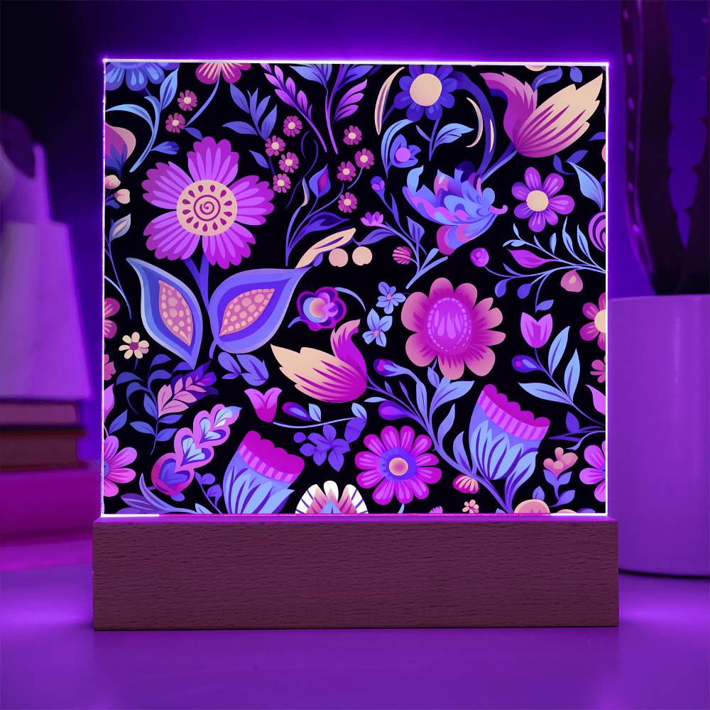 Mexican Floral Fiesta Pattern 049 - Square Acrylic Plaque With LED Base