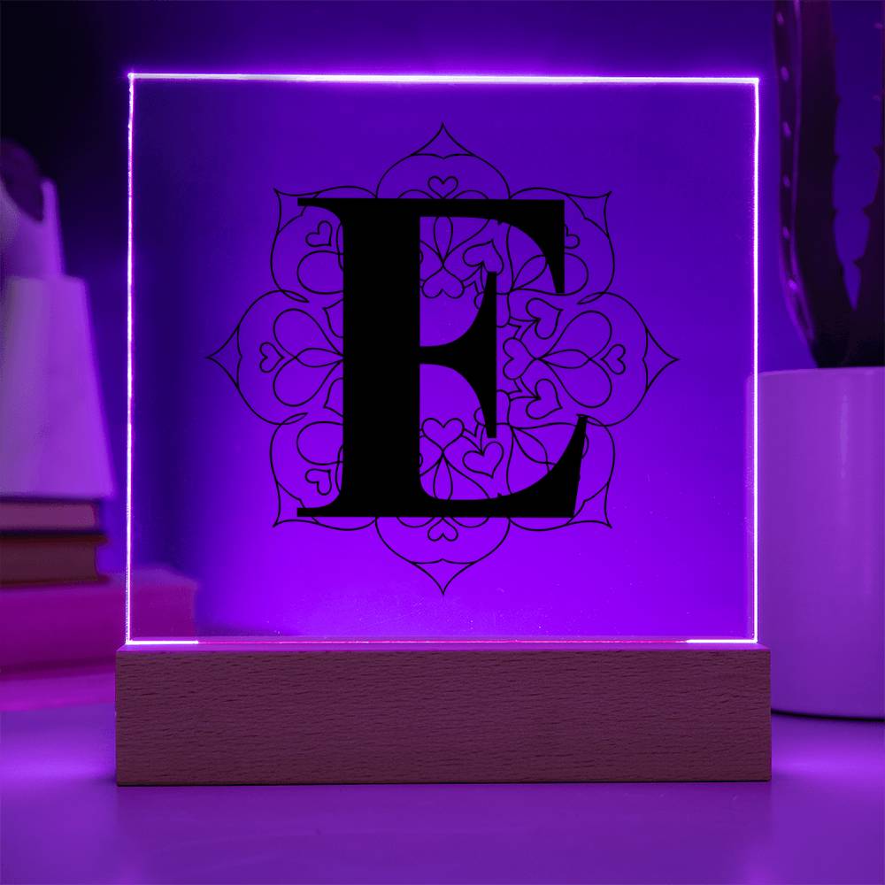 Magnolia Mandala Alphabet Letter E - Square Acrylic Plaque With LED Base