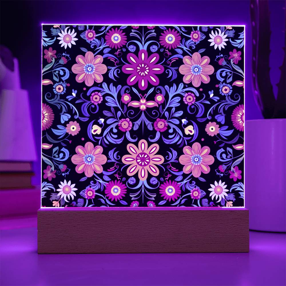 Mexican Floral Fiesta Pattern 071 - Square Acrylic Plaque With LED Base