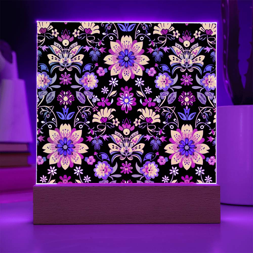 Mexican Floral Fiesta Pattern 066 - Square Acrylic Plaque With LED Base