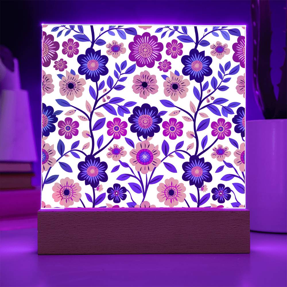 Mexican Floral Fiesta Pattern 002 - Square Acrylic Plaque With LED Base