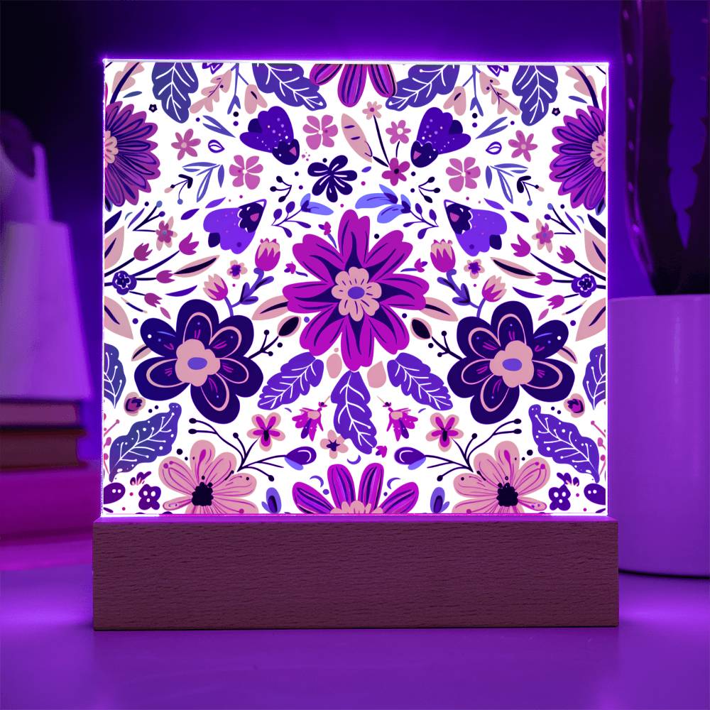 Mexican Floral Fiesta Pattern 067 - Square Acrylic Plaque With LED Base