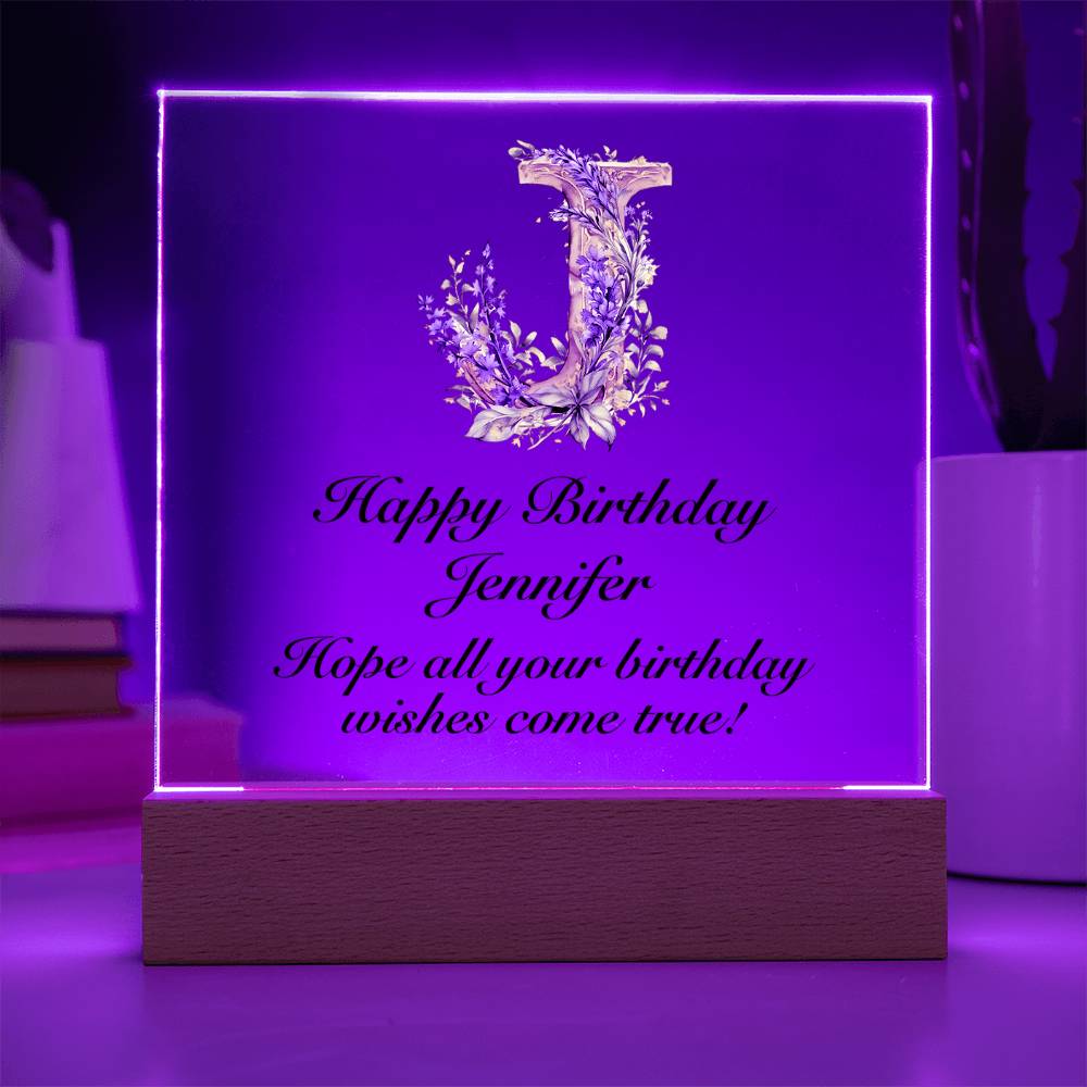 Happy Birthday Jennifer (Lavender Flowers) - Square Acrylic Plaque With LED Base