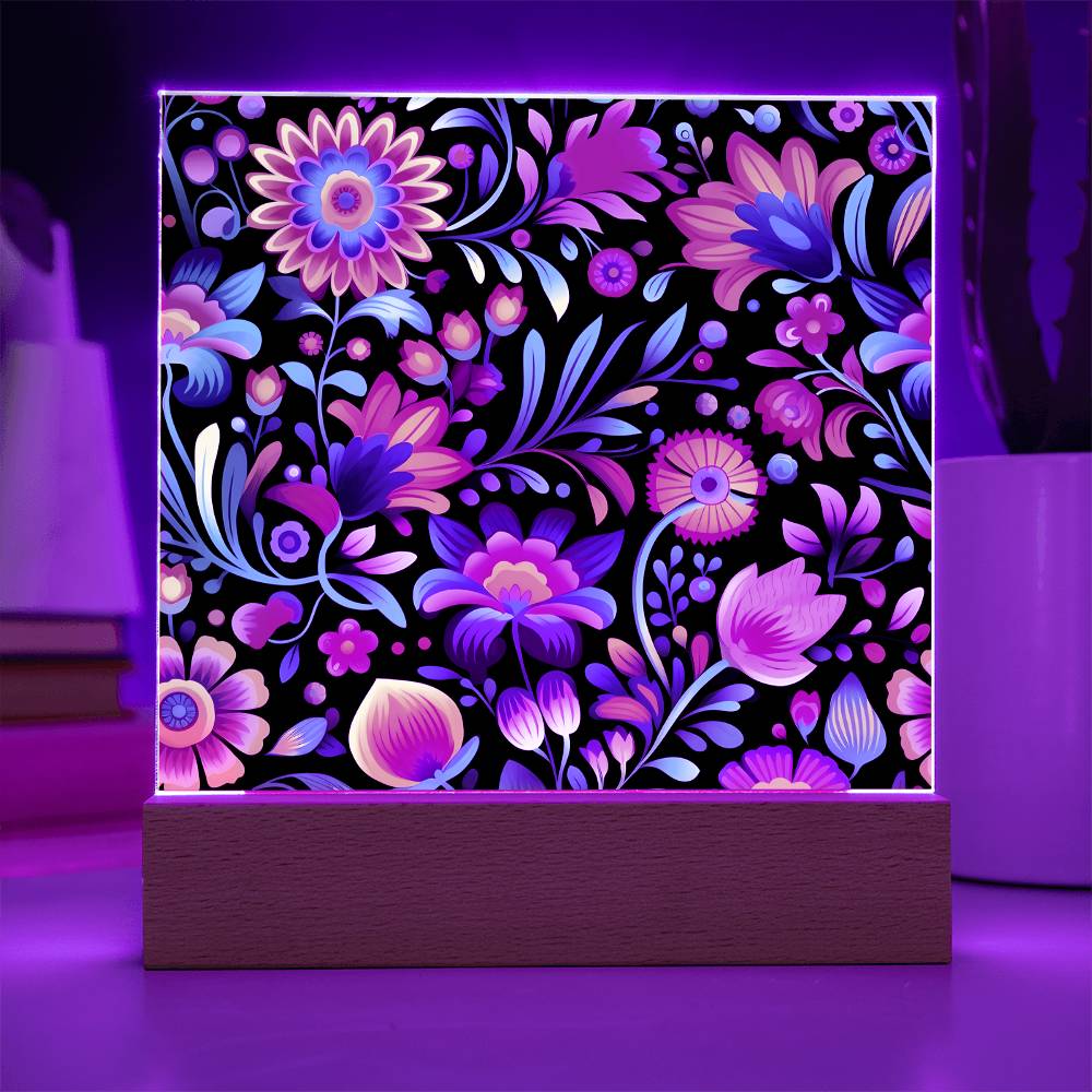 Mexican Floral Fiesta Pattern 057 - Square Acrylic Plaque With LED Base