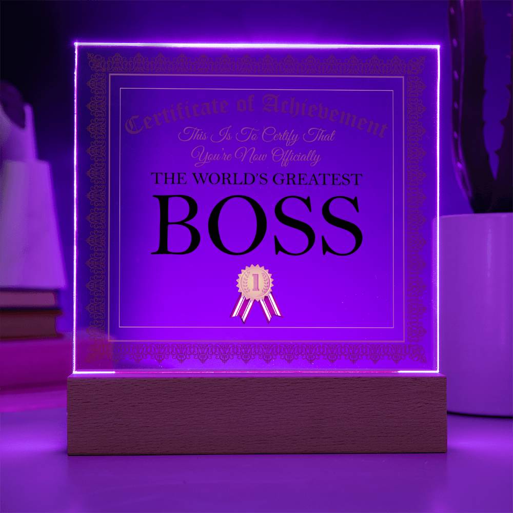 World's Greatest Boss - Square Acrylic Plaque With LED Base