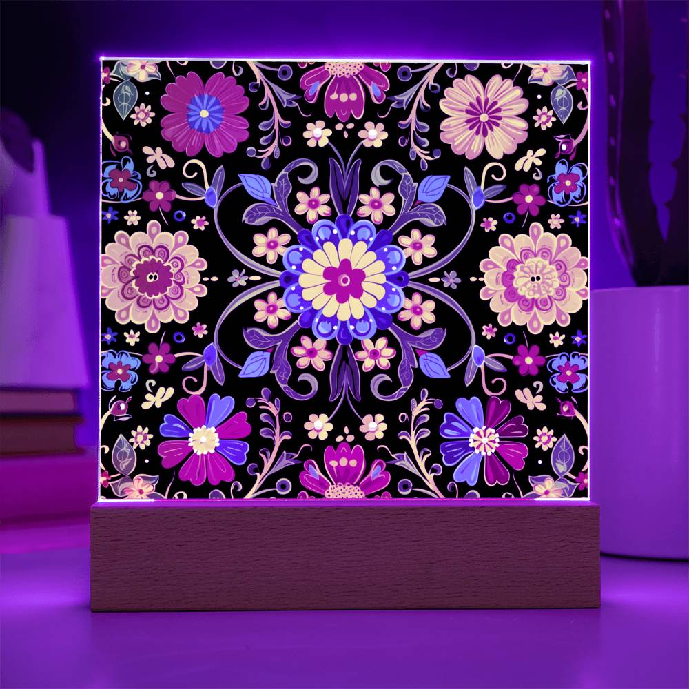 Mexican Floral Fiesta Pattern 061 - Square Acrylic Plaque With LED Base