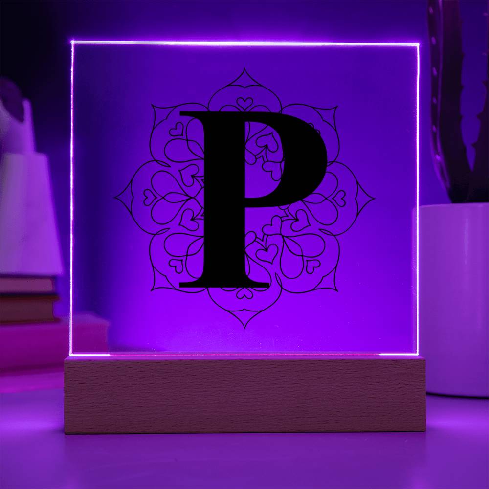 Magnolia Mandala Alphabet Letter P - Square Acrylic Plaque With LED Base