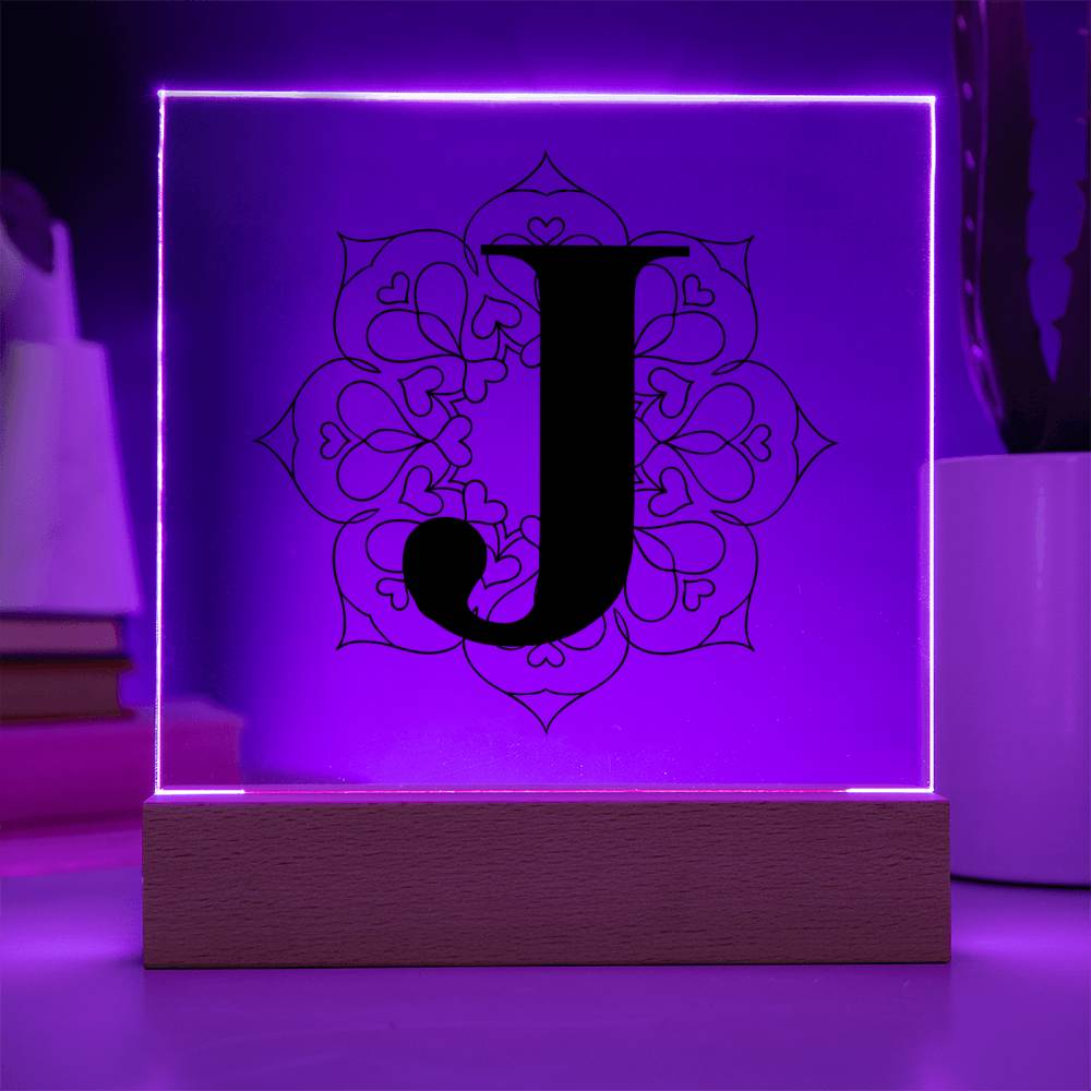 Magnolia Mandala Alphabet Letter J - Square Acrylic Plaque With LED Base