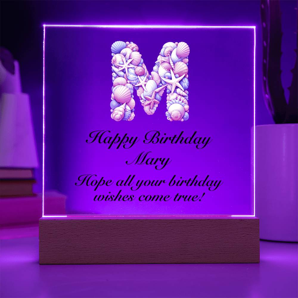 Happy Birthday Mary (Sea Life) - Square Acrylic Plaque With LED Base