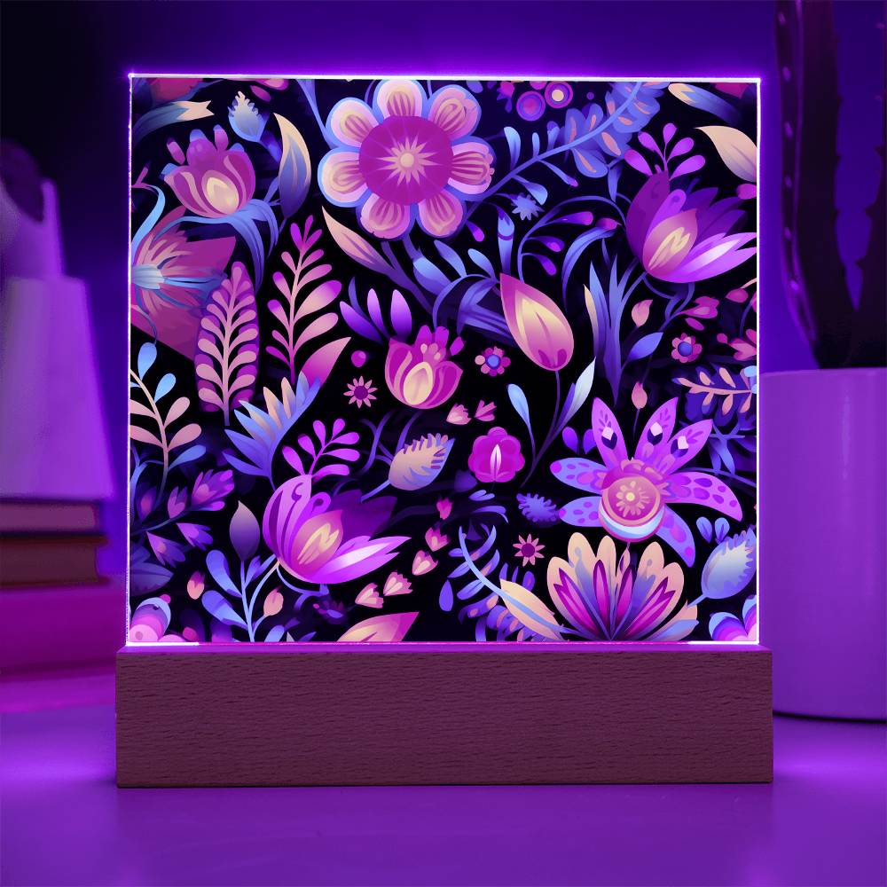 Mexican Floral Fiesta Pattern 056 - Square Acrylic Plaque With LED Base