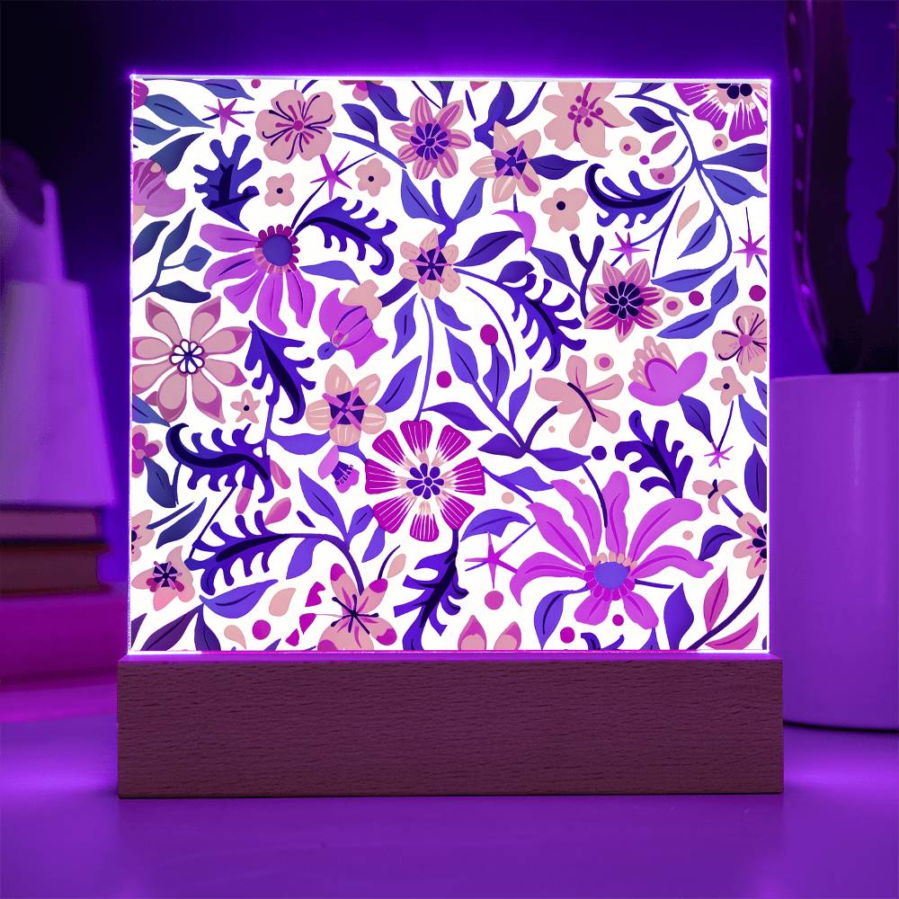 Mexican Floral Fiesta Pattern 003 - Square Acrylic Plaque With LED Base