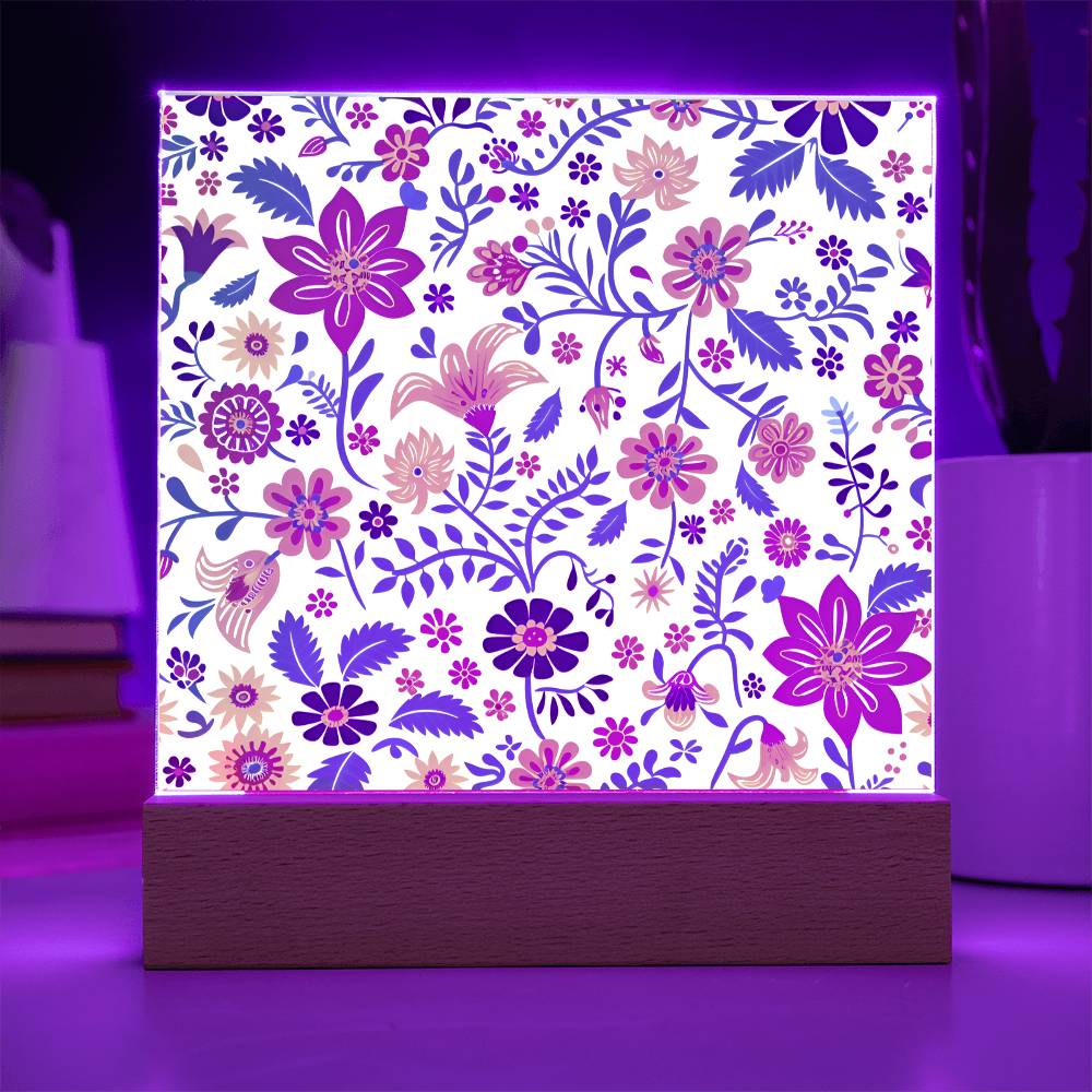 Mexican Floral Fiesta Pattern 013 - Square Acrylic Plaque With LED Base