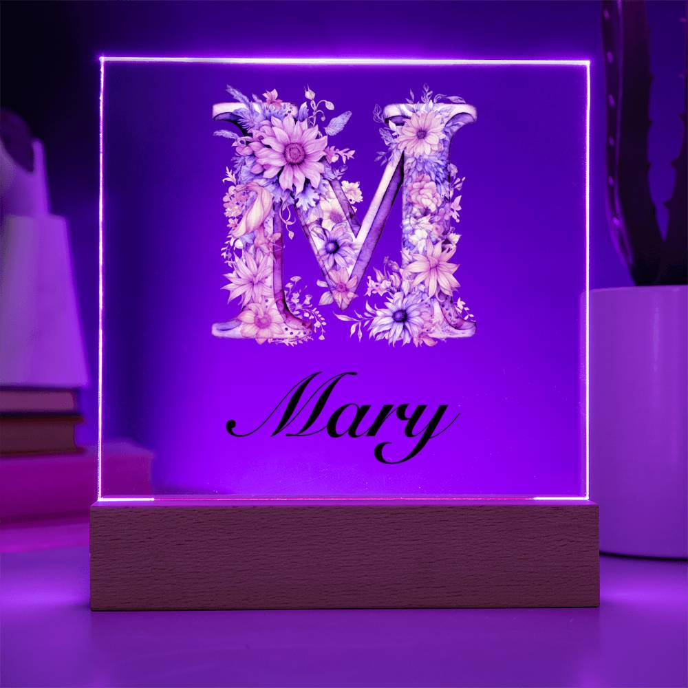 Mary (Blooming Flowers) - Square Acrylic Plaque With LED Base