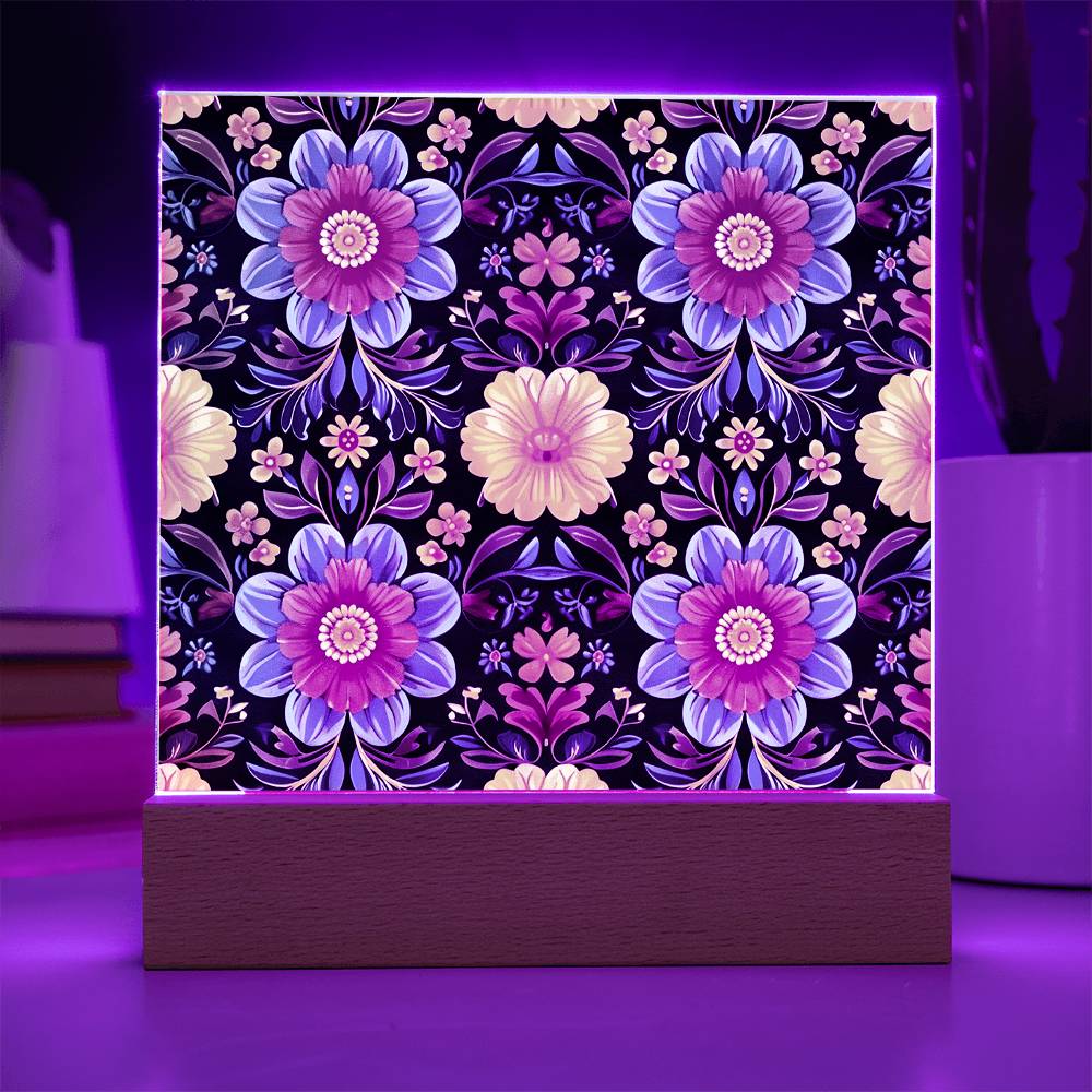Mexican Floral Fiesta Pattern 046 - Square Acrylic Plaque With LED Base