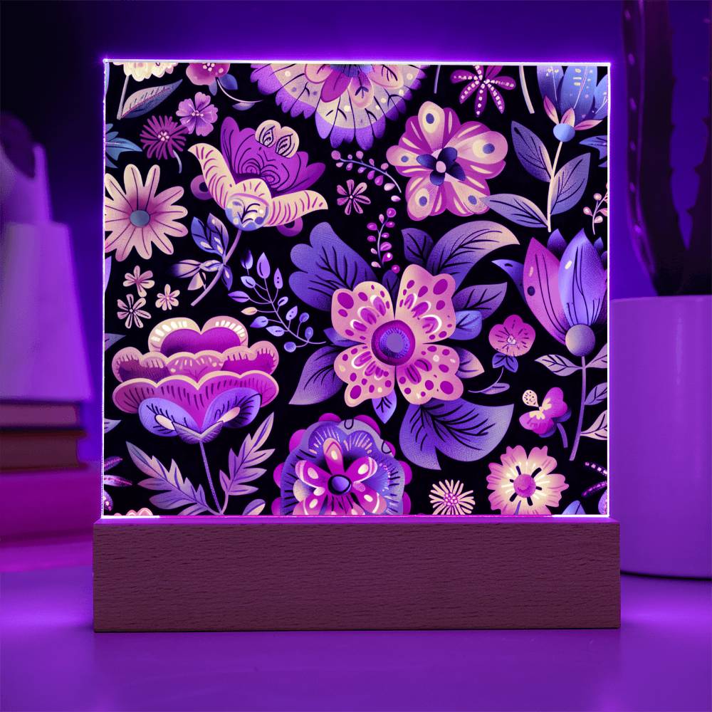 Mexican Floral Fiesta Pattern 068 - Square Acrylic Plaque With LED Base