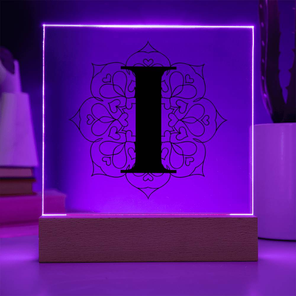 Magnolia Mandala Alphabet Letter I - Square Acrylic Plaque With LED Base