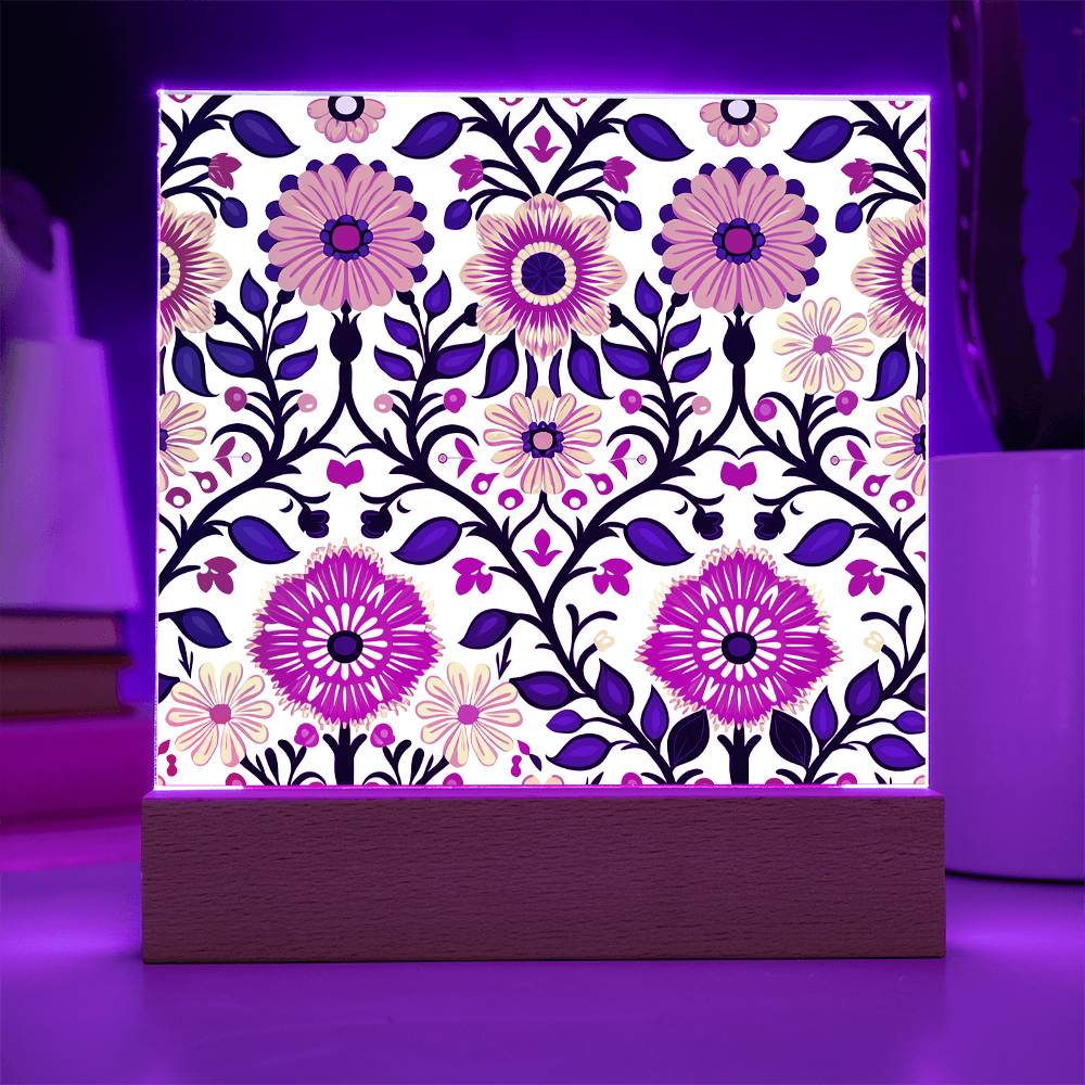 Mexican Floral Fiesta Pattern 043 - Square Acrylic Plaque With LED Base