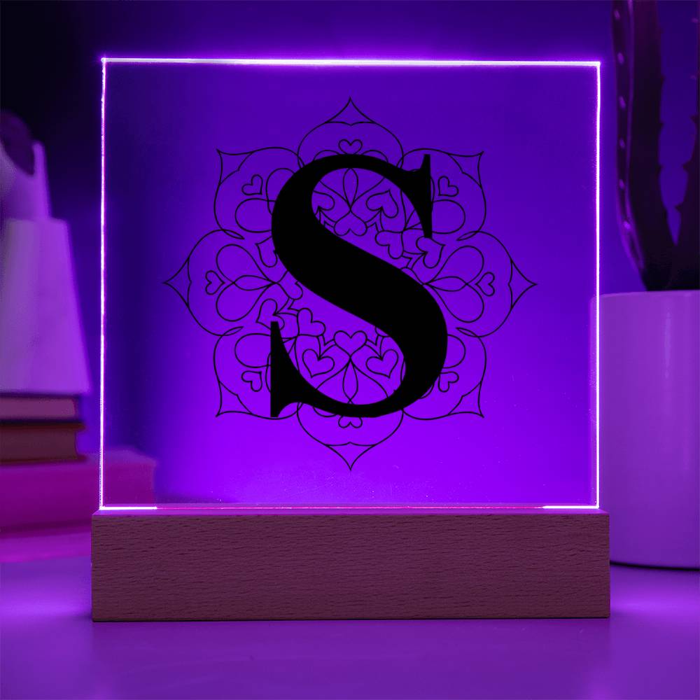 Magnolia Mandala Alphabet Letter S - Square Acrylic Plaque With LED Base