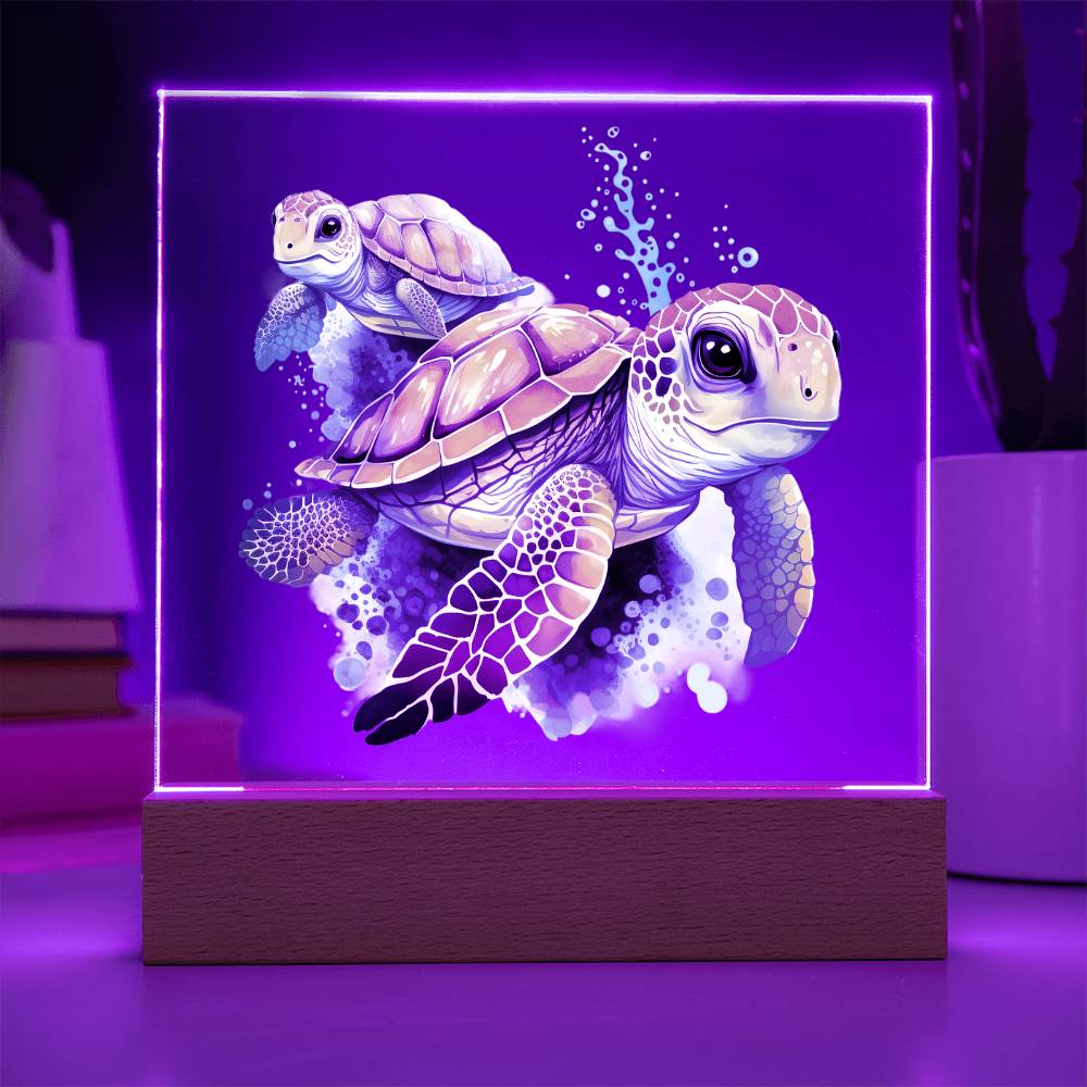 Cute Sea Turtle 011 - Square Acrylic Plaque With LED Base