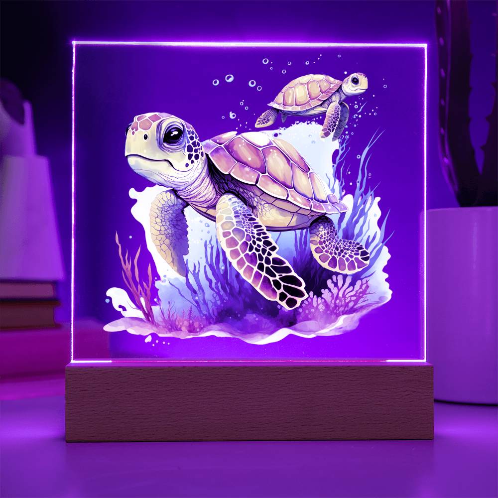 Cute Sea Turtle 008 - Square Acrylic Plaque With LED Base